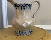 Vintage Salt Glaze Stoneware Pitcher Pottery with Cobalt Blue Design , Rustic flower vase, French country Decor