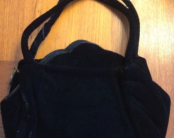 Scalloped Edged Black Velvet Vintage  Handbag