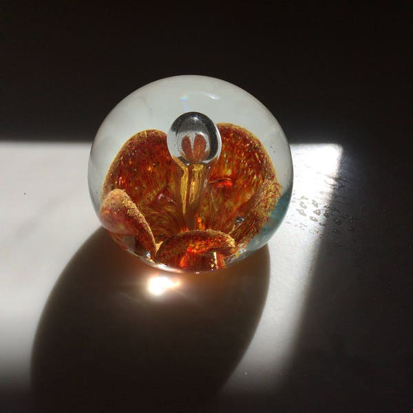 STUDIO ART GLASS floral paperweight with jewels and glass stamen/Paperweight yellow orange flower/optical illusion