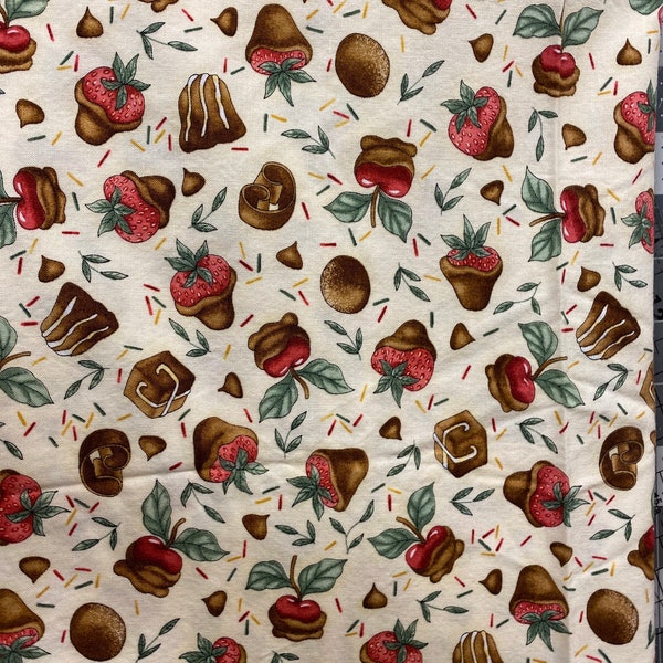 Desserts (Chocolate Strawberries, Chocolates, etc) on Beige Cotton Woven Fabric -Just Desserts by Diane Knott for Clothworks