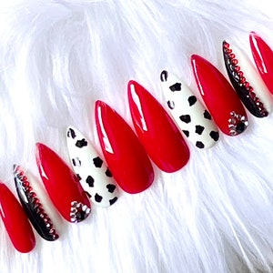 Red Black Devil Dalmatians Costume Cosplay Halloween Black White Red Rhinestone Press-On  Nails Gel Press On Nail