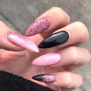 Luxury Black with Pink glitter Gel Polished Press On Nail