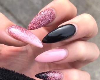 Luxury Black with Pink glitter Gel Polished Press On Nail