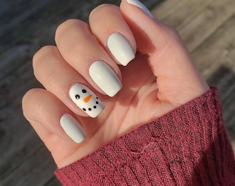 Christmas Holiday White Snowman False Fake Press on Nails