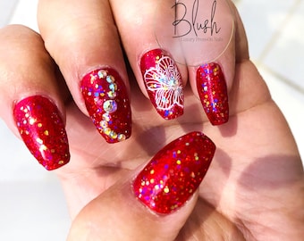 Red Glitter Flower Bling Luxury Glam Press-On  Nails Gel Press On Nail