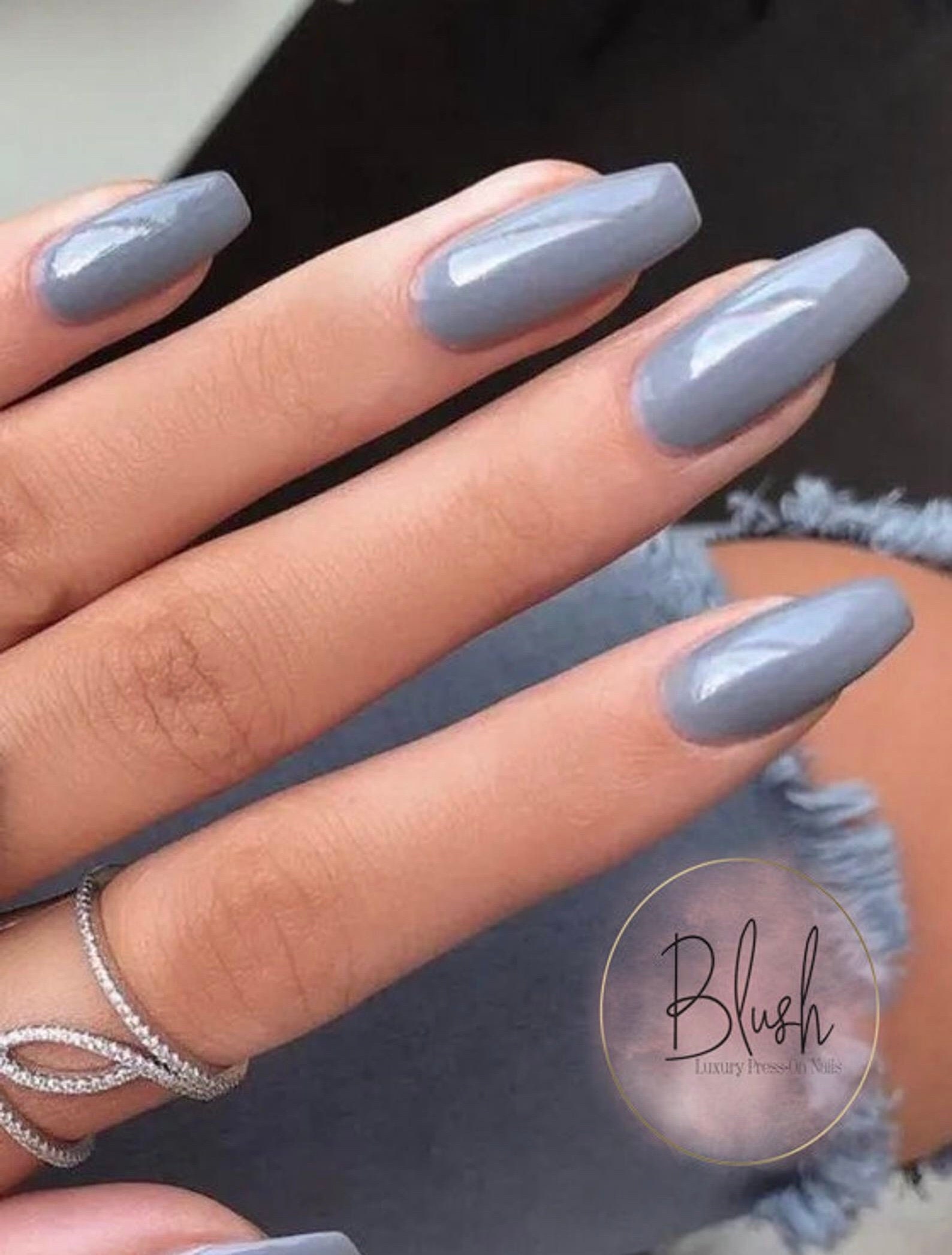 Fashionable Grey Blue Manicure Square Shaped Nails Nail Art Rhinestones  Stock Photo by ©marigo 332811094