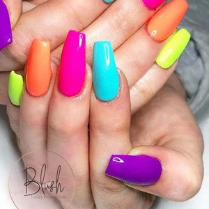 Bright Skittles Pink Yellow Blue Orange Purple Press-On Nails Gel Polish Nail Art