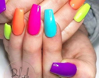 Bright Skittles Pink Yellow Blue Orange Purple Press-On Nails Gel Polish Nail Art