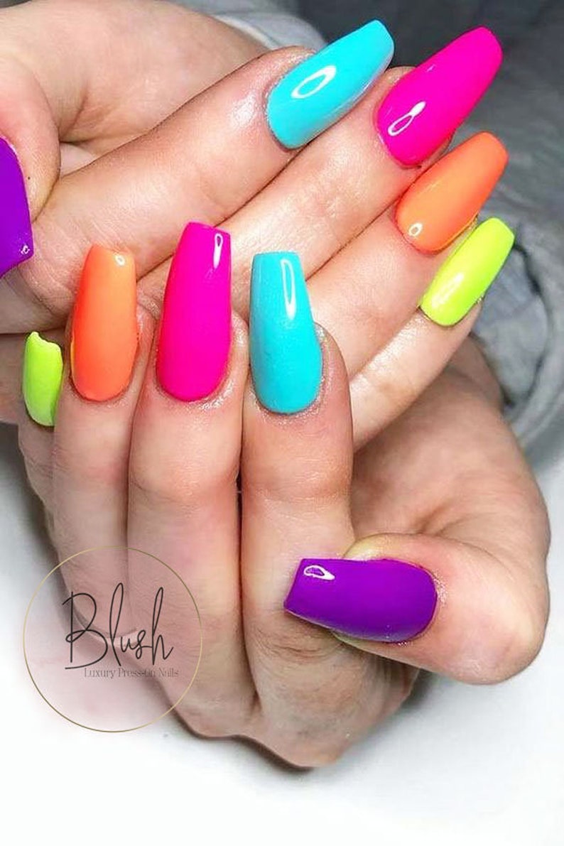 Bright Skittles Pink Yellow Blue Orange Purple Press-On Nails Gel Polish Nail Art 画像 1