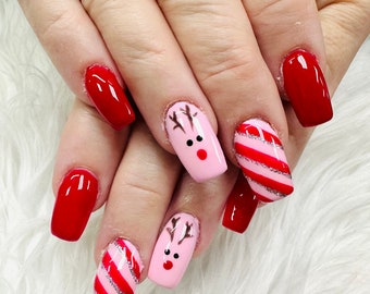 Christmas Holiday Pink Red  Reindeer Press-On  Nails Gel Press On Nail