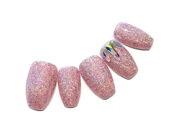 Luxury Lavender  Pink Holo Reflective Glitter Bling Glam Press-On  Nails Gel Press On Nail