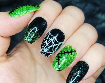 We Love FRANKIE! Frankenstein Halloween Autumn Black Green Glitter Press-On  Nails Gel Press On Nail