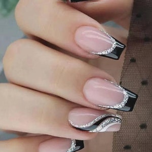 Luxury Black French silver accents  Gel Press On Nails