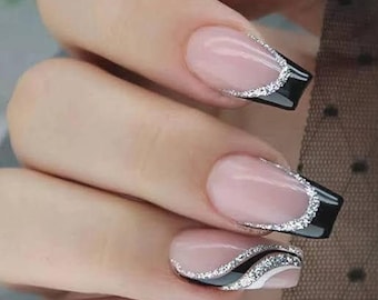 Luxury Black French silver accents  Gel Press On Nails