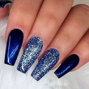 Luxe Blue Glitter Accent Press-On Nails Gel Polish Nail Art