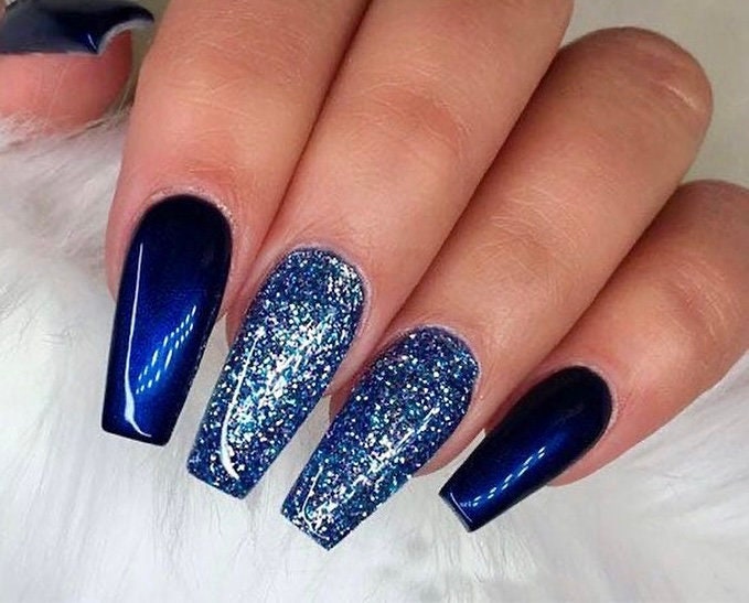 Amazon.com: ANDGING Navy Blue Press on Nails Short Medium Coffin, French  Tip Fake Nails for Women with Glitter Ombre Design, Square Glue on Nails,  False Nails Press on Stick on Nails for