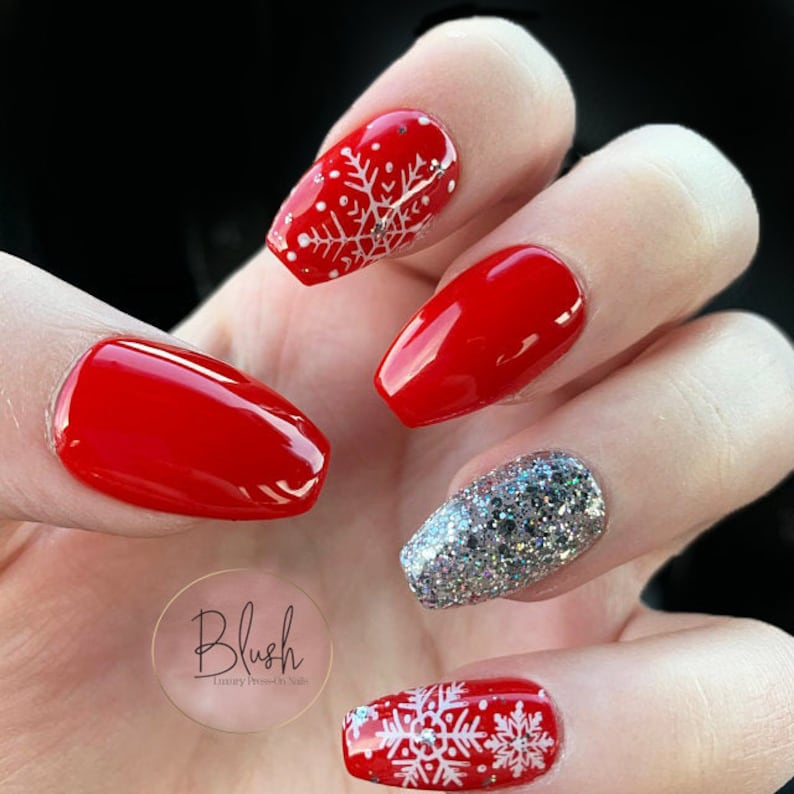 Christmas Holiday Snowflakes Red Silver Press-On Nails Gel Press On Nail image 1