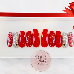 Christmas Holiday Snowflakes Red Silver Press-On Nails Gel Press On Nail image 2