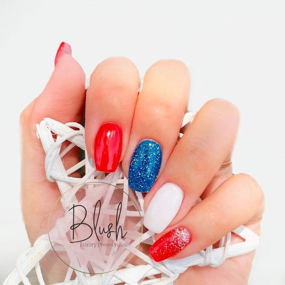 Close Up Beautiful Sparkling Red and Blue Glitter Ombre Style on Woman  Acrylic Fingernail Decorated with Golden Sta Stock Photo - Image of  glamorous, cross: 199252634
