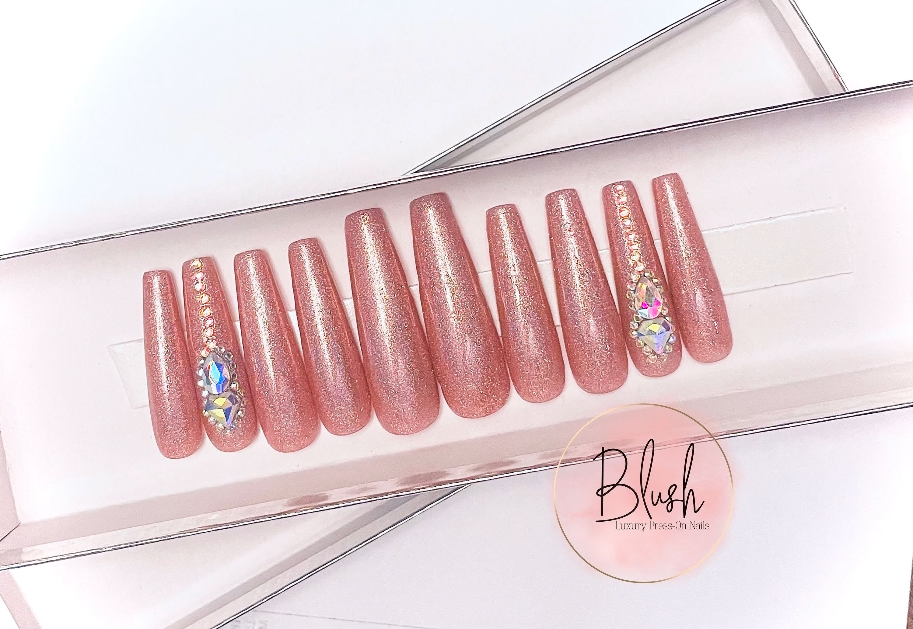 Handmade- Frosty The Pink Sheer Pink Iridescent Glitter w/ Bling Crystal  Press On Nail Set