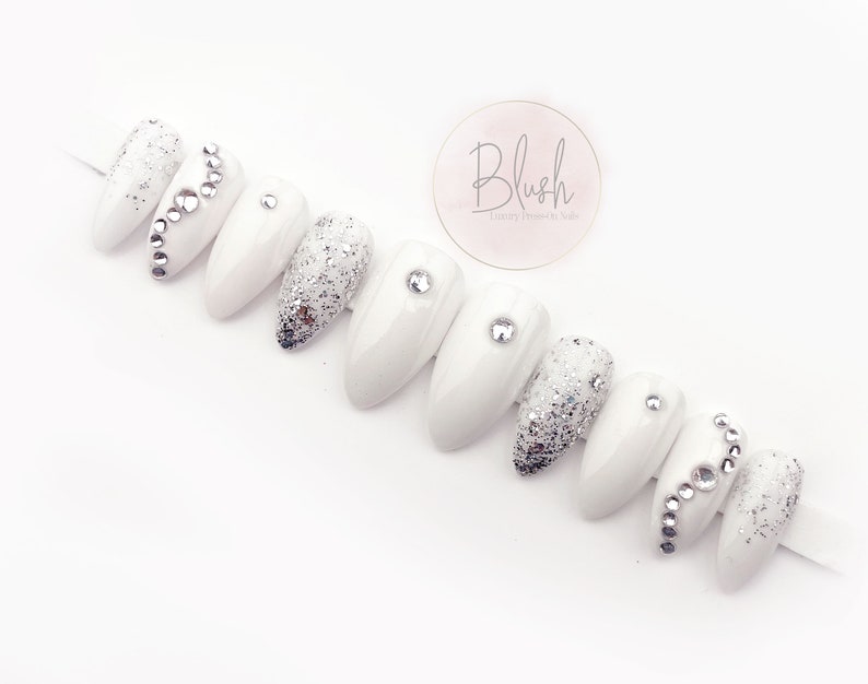 PURITY White Luxury Glam Bride wedding Bridal is Shiny Rhinestone Shiny Press-On Nails Gel Press On Nail zdjęcie 2