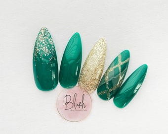 Kelly Green Plaid Glitter Press-On Nails Gel Nail Art