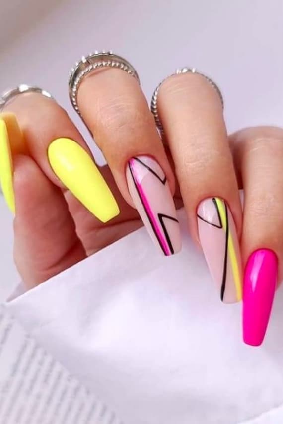 Luxury Summer Yellow Hot Pink Gel Press on Nails - Etsy