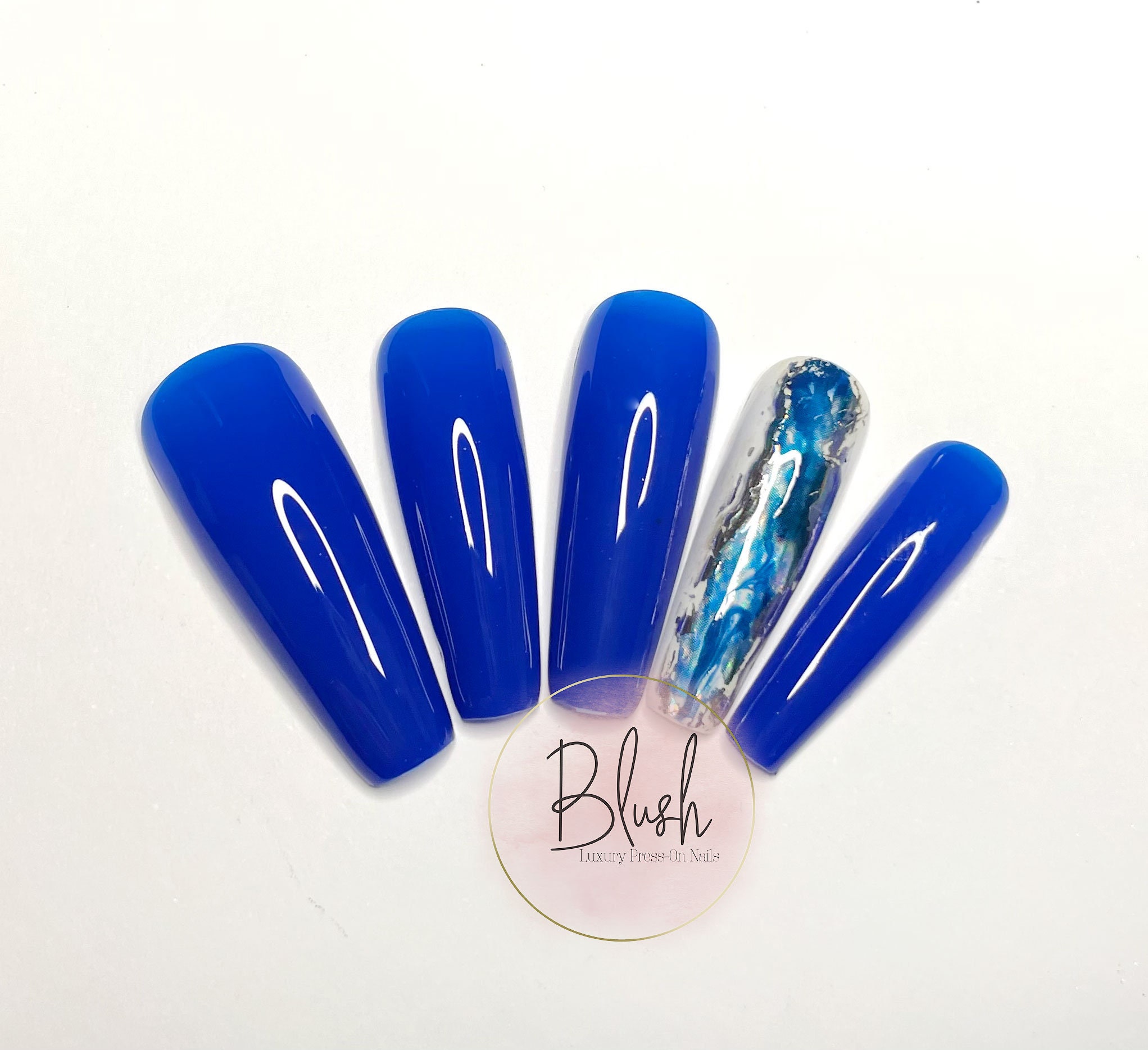 Blue Marbled Luxury Shiny Glitter Fake Press-On Nails Gel | Etsy
