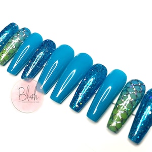 Mermaid Blue Turquoise Luxury Glitter Shiny Glitter Fake Press-On  Nails Gel Press On Nail