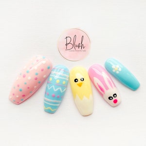 Hoppy Easter Egg Bunny Chick Nail Art Pastel Pink Blue Yellow Press-On Nails Gel image 1