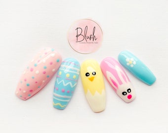 Hoppy Easter Egg Bunny Chick Nail Art Pastel Pink Blue Yellow Press-On Nails Gel