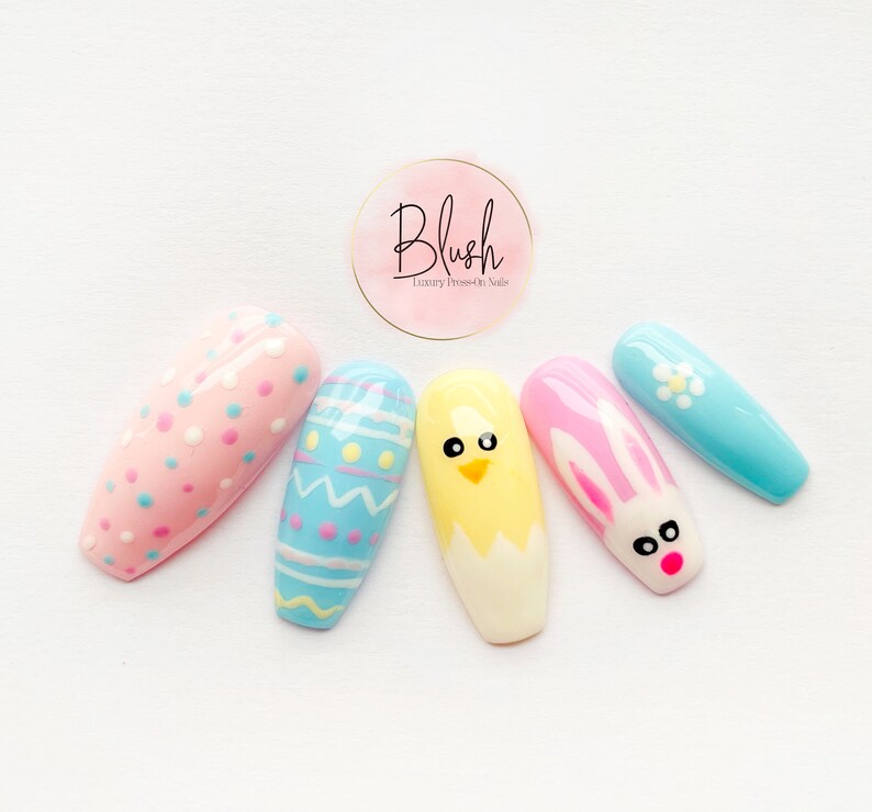 Hoppy Easter Egg Bunny Chick Nail Art Pastel Pink Blue Yellow Press-On Nails Gel image 1