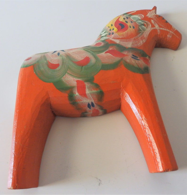 2 Vintage FLAT Swedish Red Dala Dalarna Horses 5-18 High Bought in Sweden 3-34 High