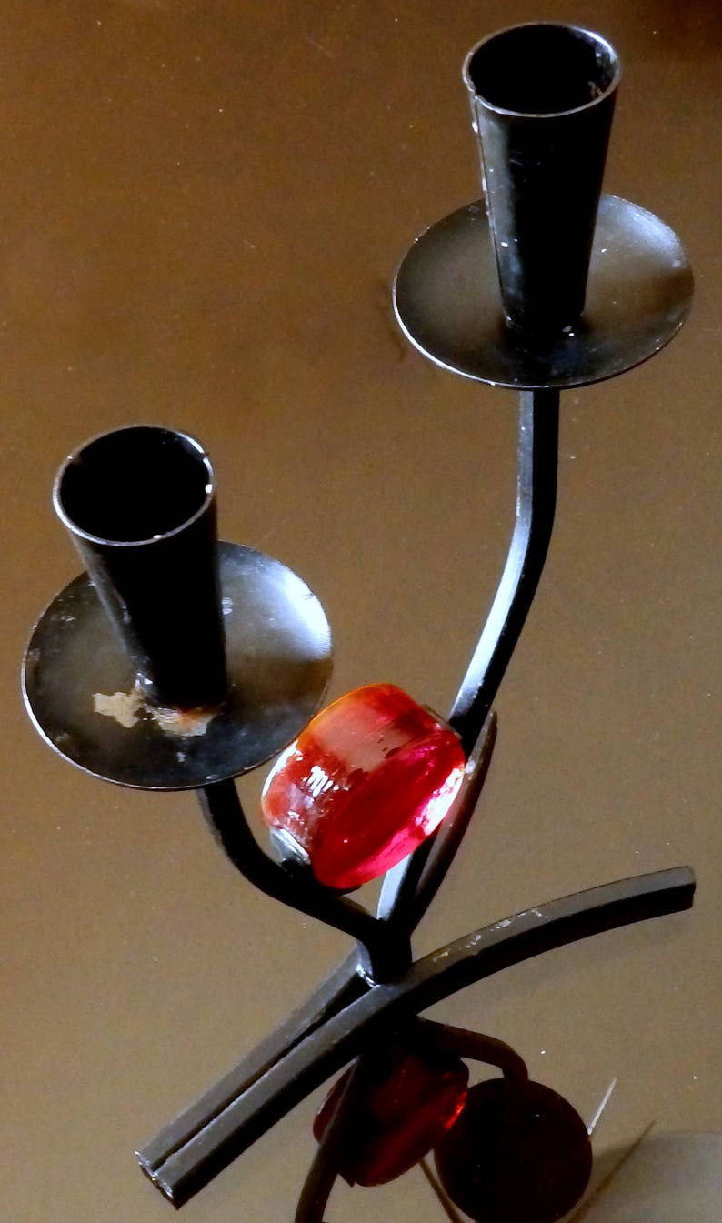 Black Metal and Red Glass Candelabra 9 High x 5-12 Wide x 2-78 Deep Vintage Bo Svensk Sweden Candelabra Gunnar Ander or Erik Hoglund