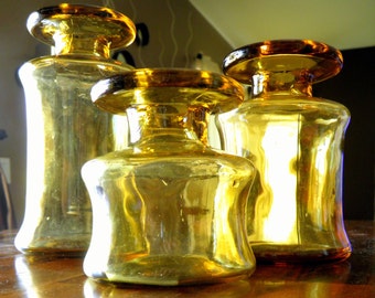 Set of 3 Mid Century Dansk (France) Amber Vases/Candle Holders--Jens Quistgaard Design--Large = 6-1/4" H / Medium=5" H / Small=3-1/2" H