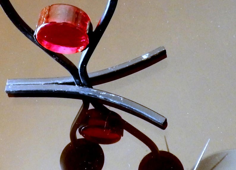 Black Metal and Red Glass Candelabra 9 High x 5-12 Wide x 2-78 Deep Vintage Bo Svensk Sweden Candelabra Gunnar Ander or Erik Hoglund