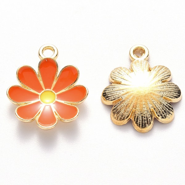 10 Pendentifs d'émail en alliage, fleur, or clair, tomate, orange, délicat, fleur d'été pour fabrication de bijoux, création