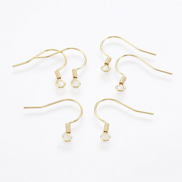 10 pairs of ear hooks, stainless steel, gold, 17-18x18-20x2mm, hole 2mm, pin 0.7mm, jewelry making, earring