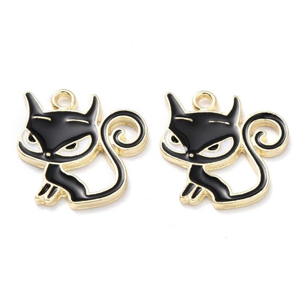 5 Pendentifs chaton en alliage émail, forme de chat de dessin animé, or clair, noir, halloween, chat, noir, chat noir, sorcière, cat