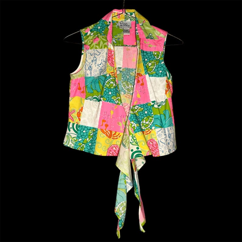 Vintage Lilly Pulitzer Patchwork Wrap Top 90s Ocean Sea Life Cotton Size 2 zdjęcie 8