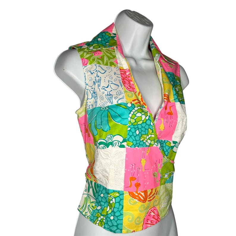 Vintage Lilly Pulitzer Patchwork Wrap Top 90s Ocean Sea Life Cotton Size 2 zdjęcie 5