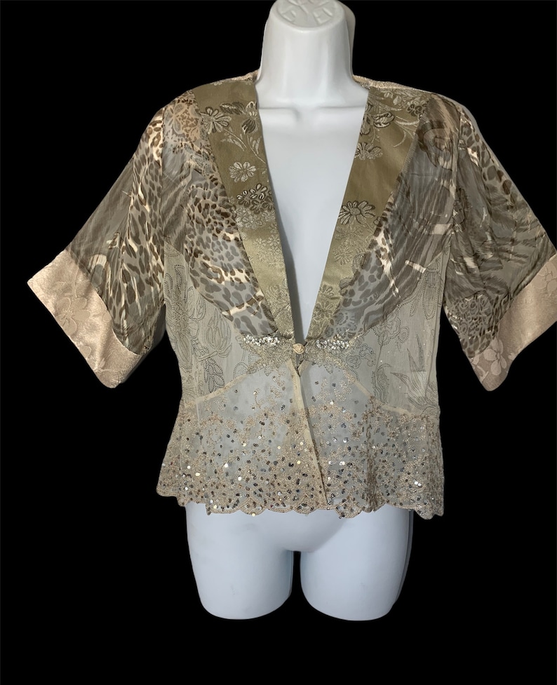 Spencer Alexis Kimono Top Cardigan Jacket Sequins Lace Silk Petite Medium USA Made