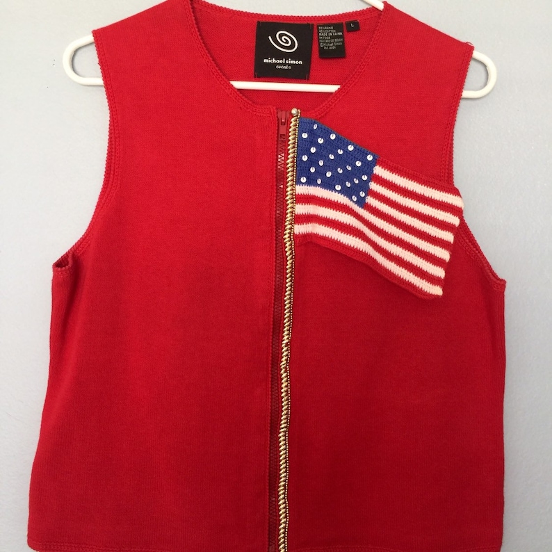 USA American Flag Red Knit Vest by Michael Simon Size Large Sleeveless Sweater