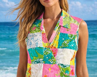 Vintage Lilly Pulitzer Patchwork Wrap Top 90s Ocean Sea Life Cotton Size 2