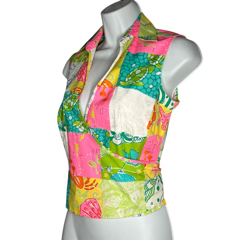 Vintage Lilly Pulitzer Patchwork Wrap Top 90s Ocean Sea Life Cotton Size 2 zdjęcie 6