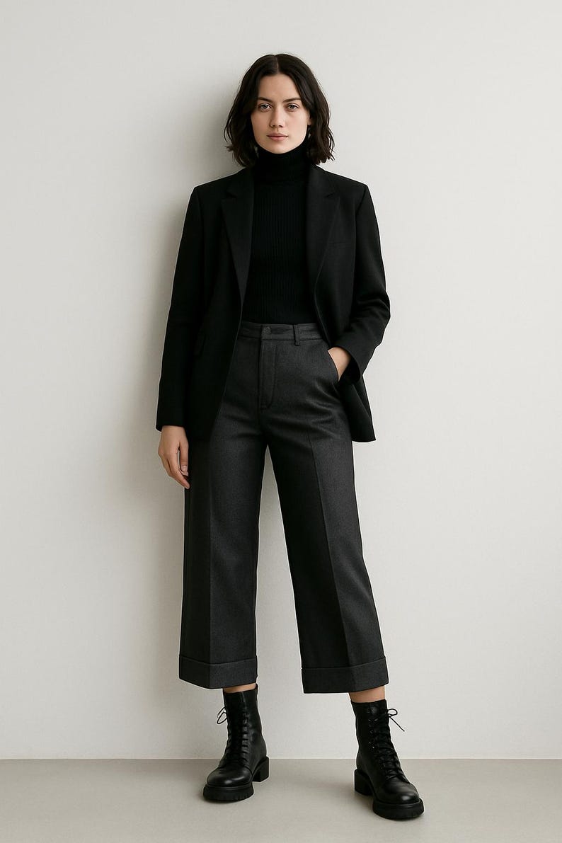 Pode incluir: Uma pessoa vestindo um blazer preto, uma gola alta preta e cal&ccedil;as cinza escuro com bainhas dobradas. Ela tamb&eacute;m est&aacute; usando botas de tornozelo pretas. A roupa &eacute; de estilo moderno e minimalista.