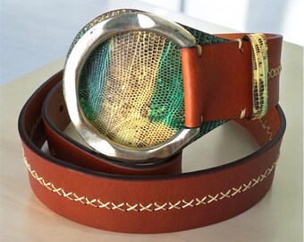Post & Co Italian  Leather Belt Brown With Lizard Skin
