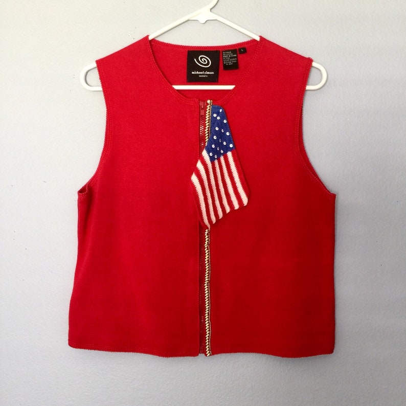 USA American Flag Red Knit Vest by Michael Simon Size Large Sleeveless Sweater
