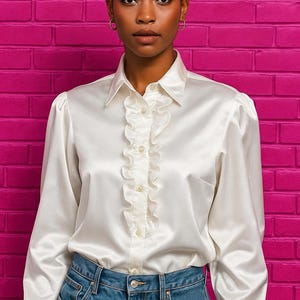 Vintage White Satin Ruffle Blouse by Cricket Lane Size 8 Romantic Button Up Shirt