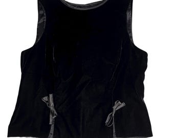 Vintage Black Velvet Sleeveless Top Satin Ribbon Bows Button Back Goth Dark Academia
